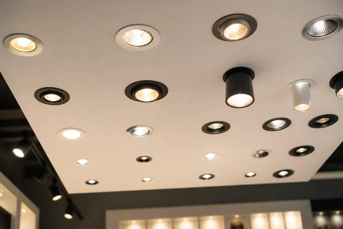 Downlights and spotlights on a ceiling display