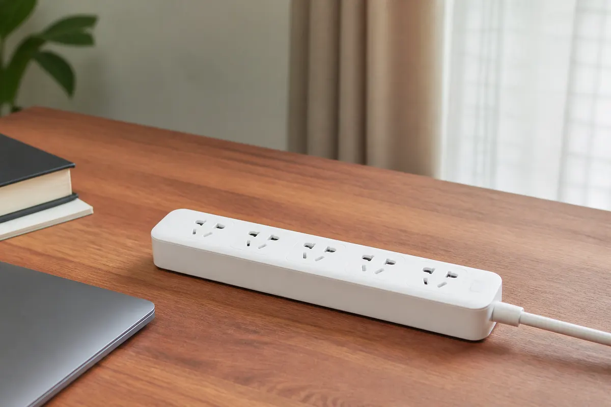 Power strip with multiple sockets on a wooden desk