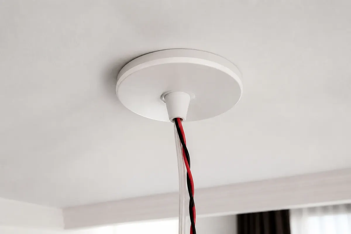 White ceiling rose electrical fitting on a ceiling