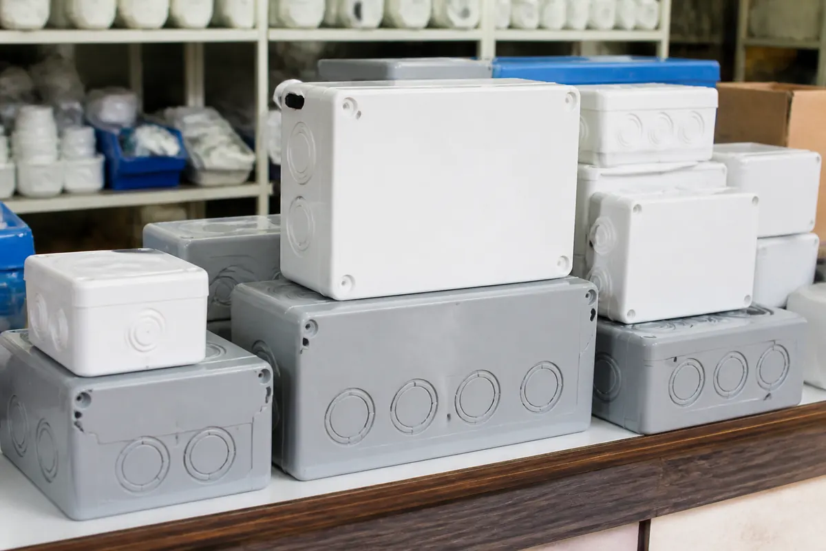 Plastic junction boxes stacked for installation