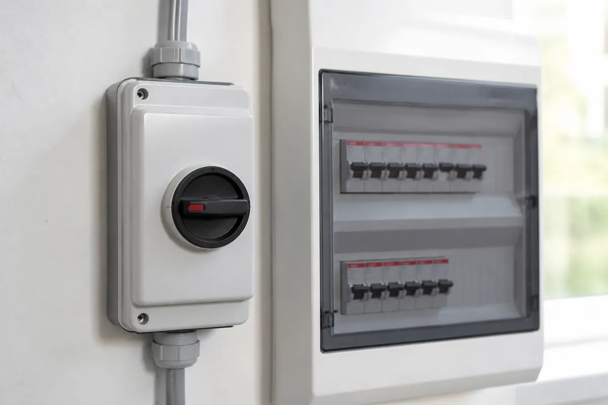 Electrical isolator switch mounted beside a board