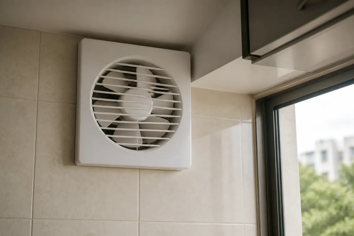 Exhaust fan installed on a tiled kitchen wall
