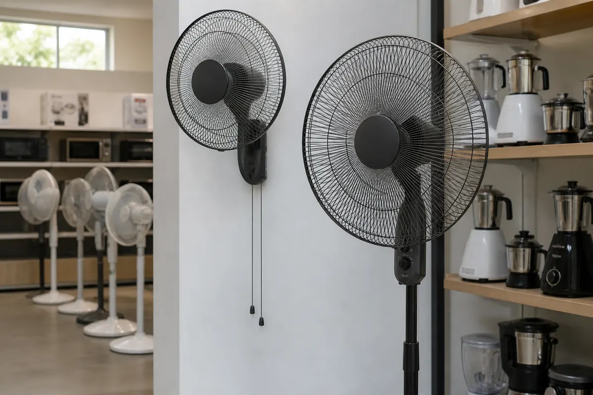 Pedestal fan displayed in a retail aisle