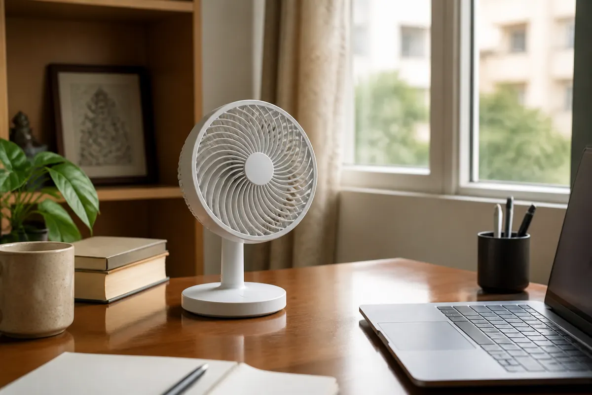 Small table fan on a desk near a window
