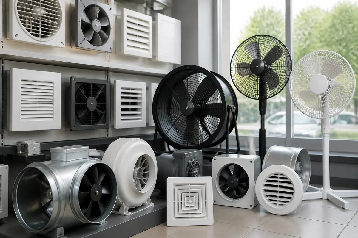 Ventilation fans displayed together in a store