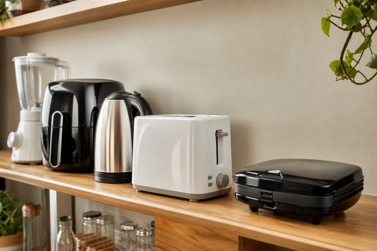 Assorted small kitchen appliances on a shelf