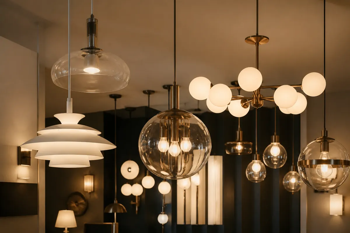 Decorative pendant and ceiling lights in a showroom