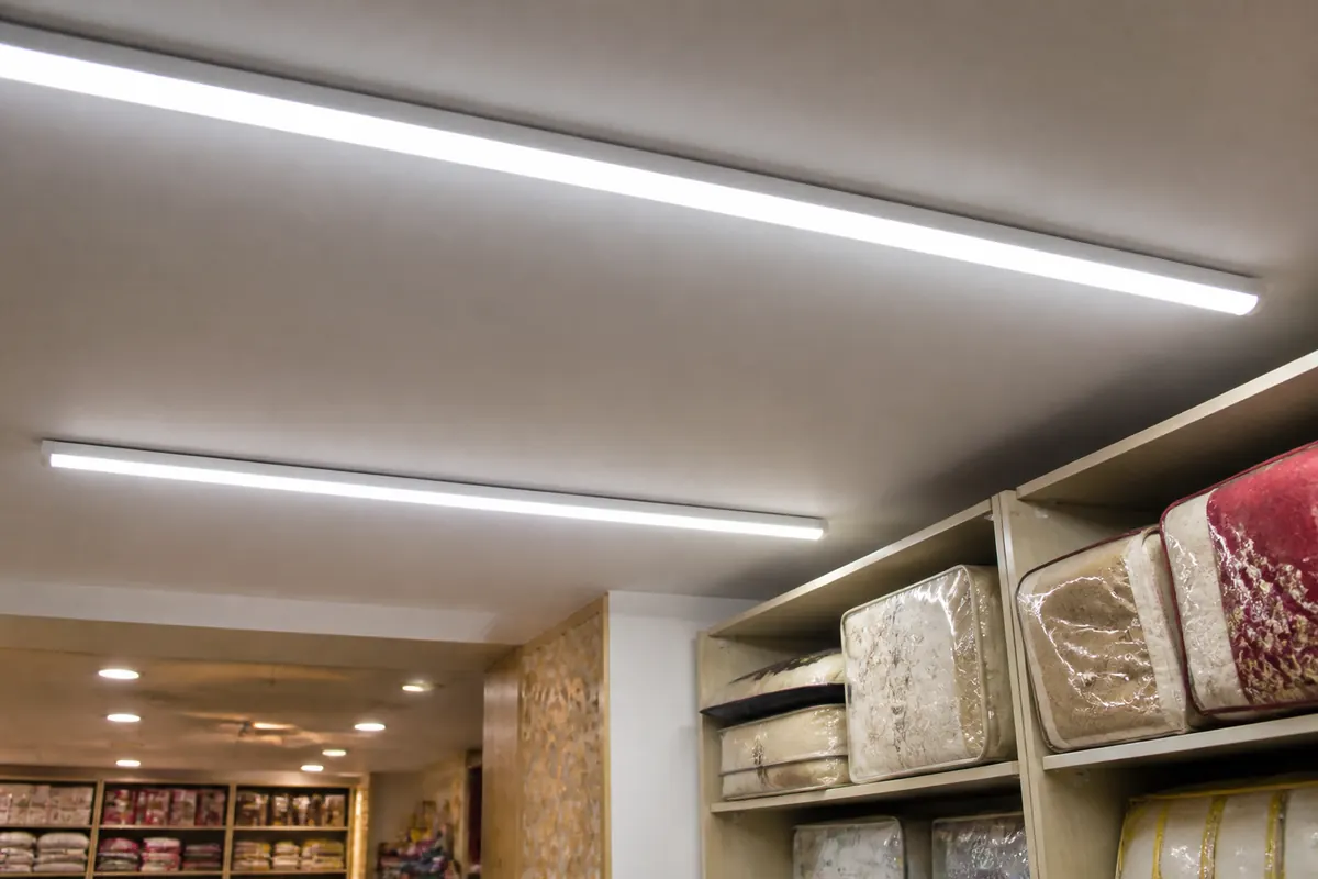 LED batten light glowing in a shop interior