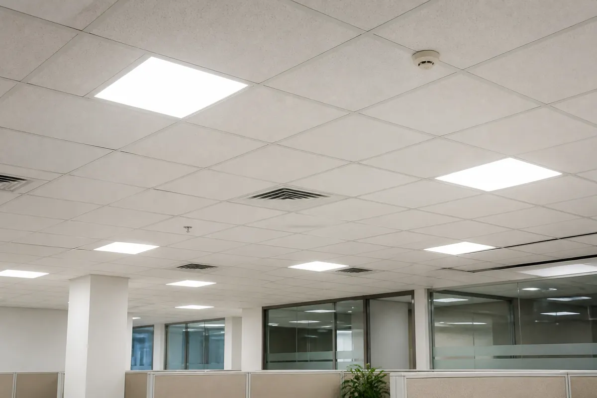 LED panel light glowing on an office false ceiling