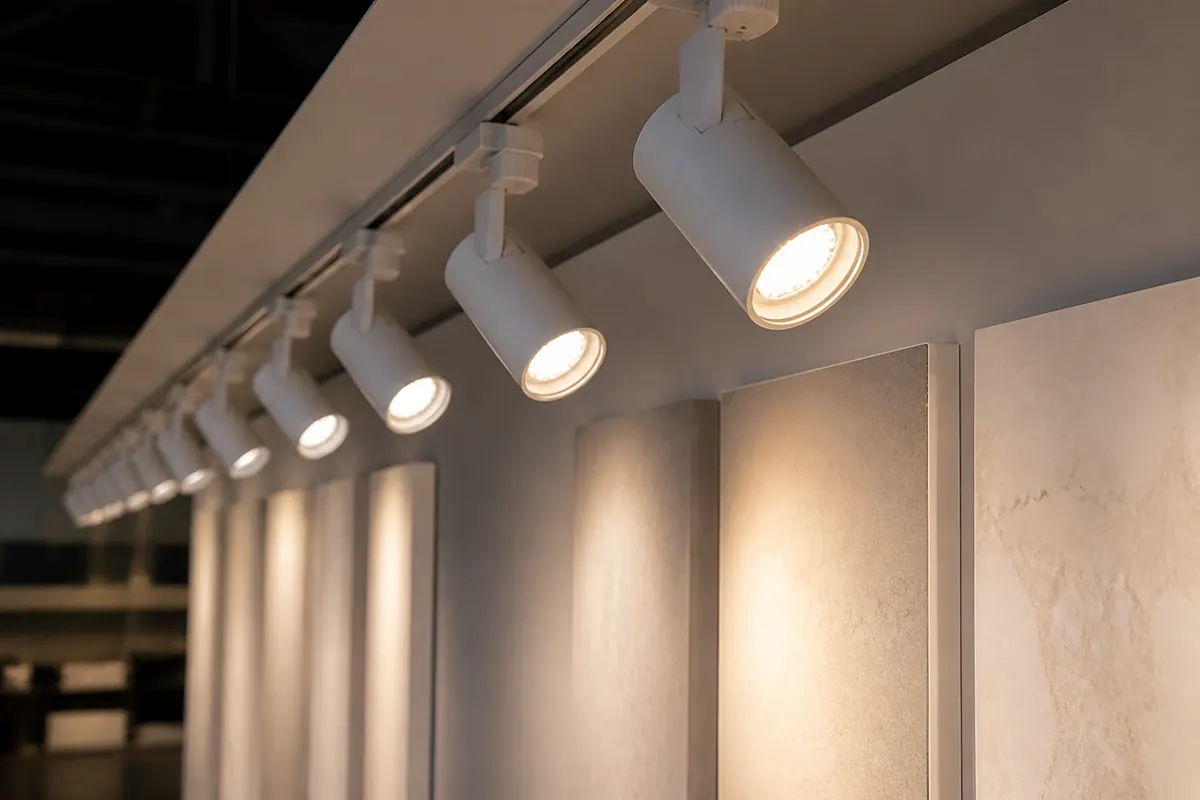LED spotlight fixtures aimed at a display wall