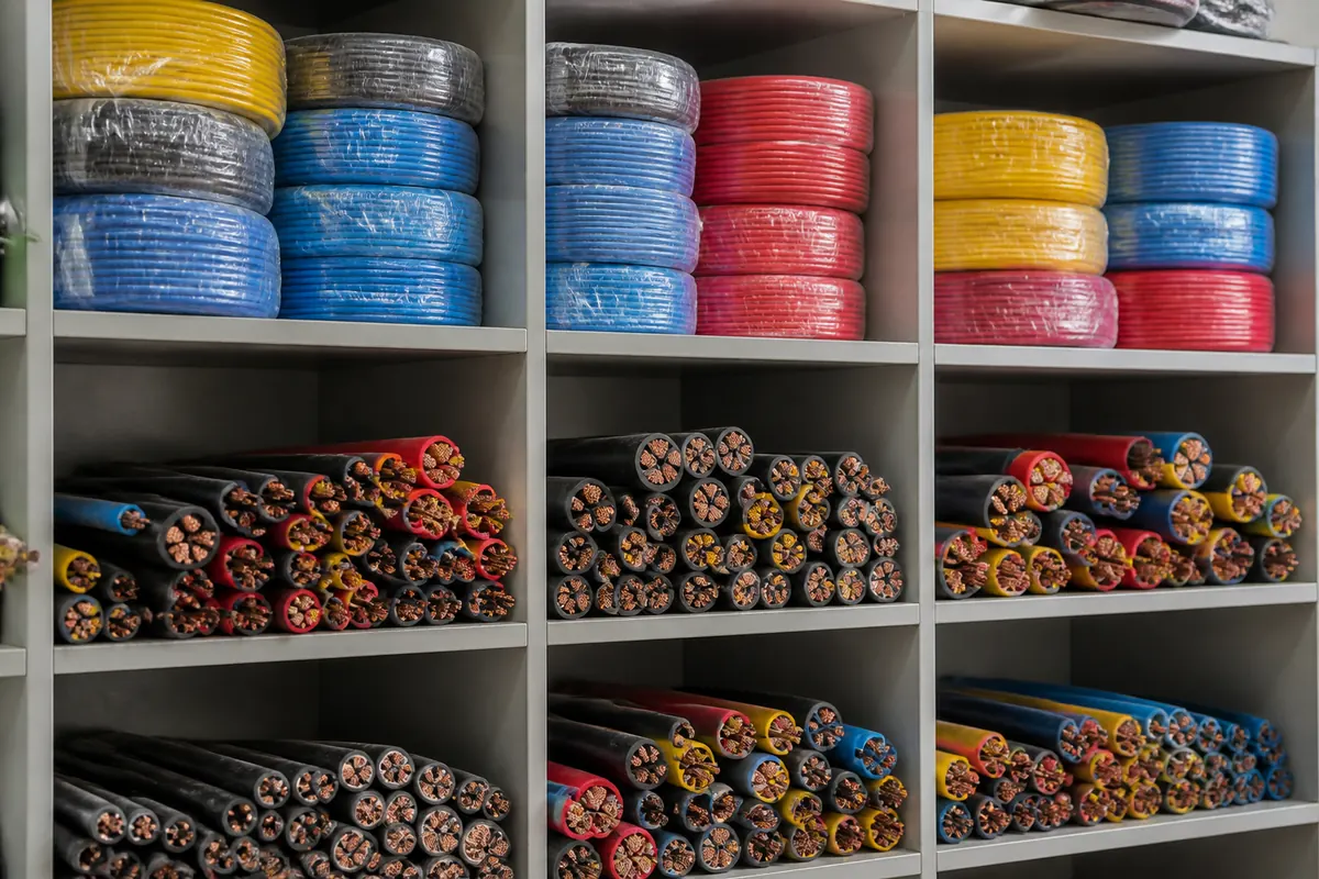 Electrical cable rolls stacked on wholesale shelves