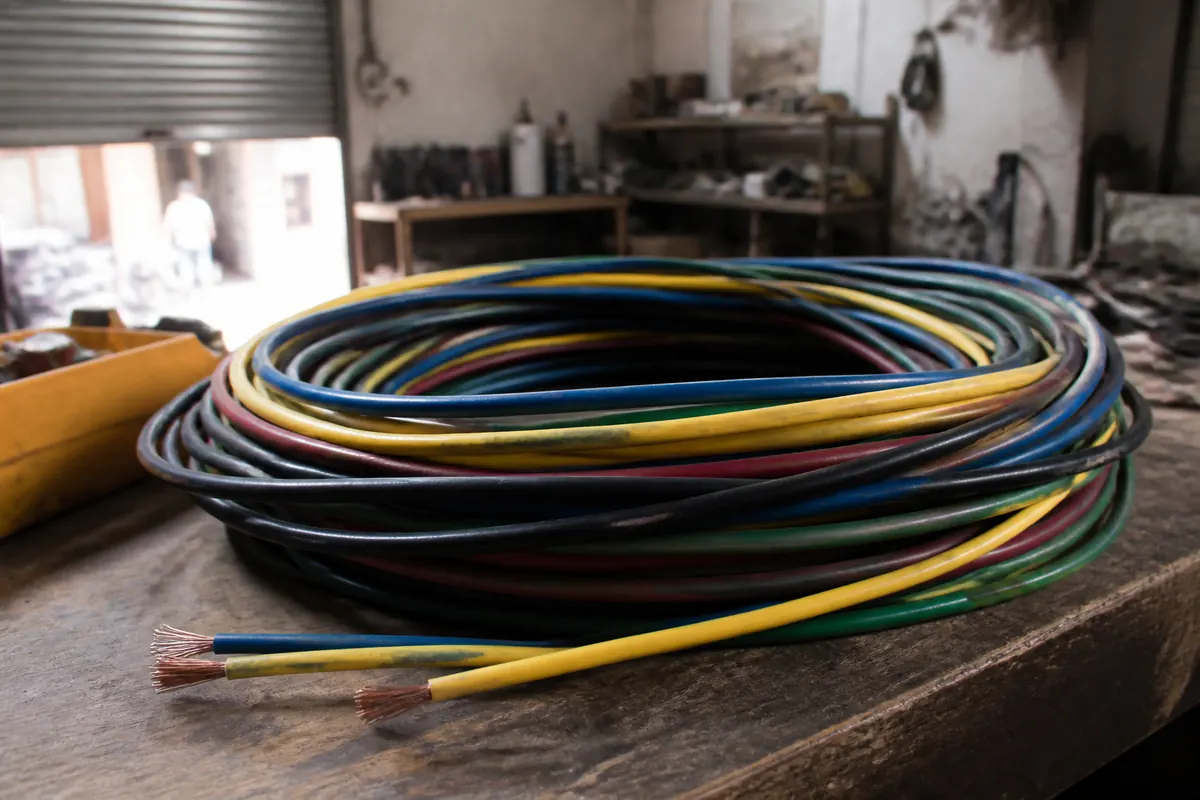 Flexible multi-strand electrical wires coiled on a workbench