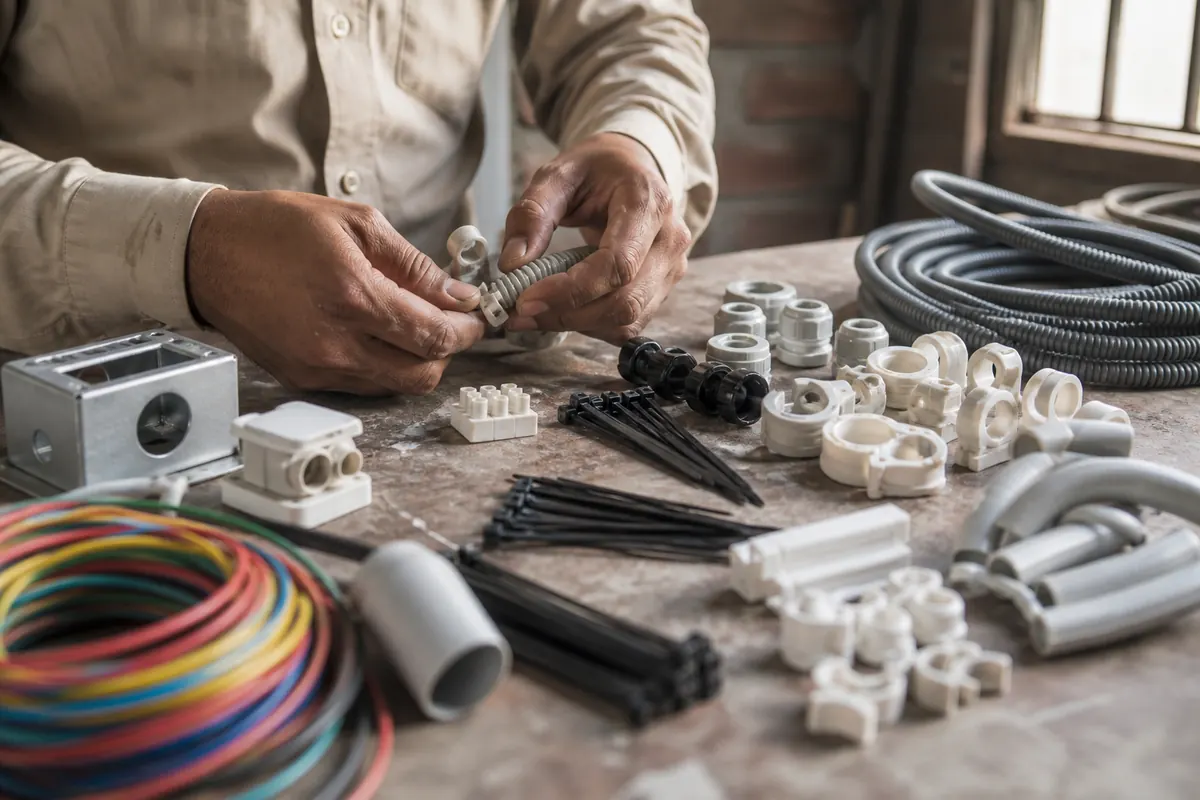 Wiring and cable accessories arranged on a workbench